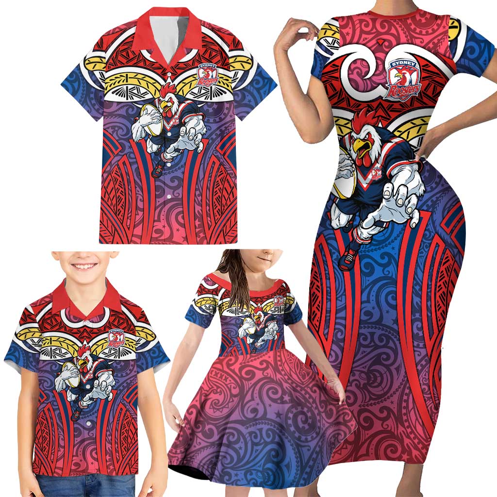 Sydney Roosters Rugby Family Matching Short Sleeve Bodycon Dress and Hawaiian Shirt Polynesian Tribal Rooster Warrior Red Blue Pattern