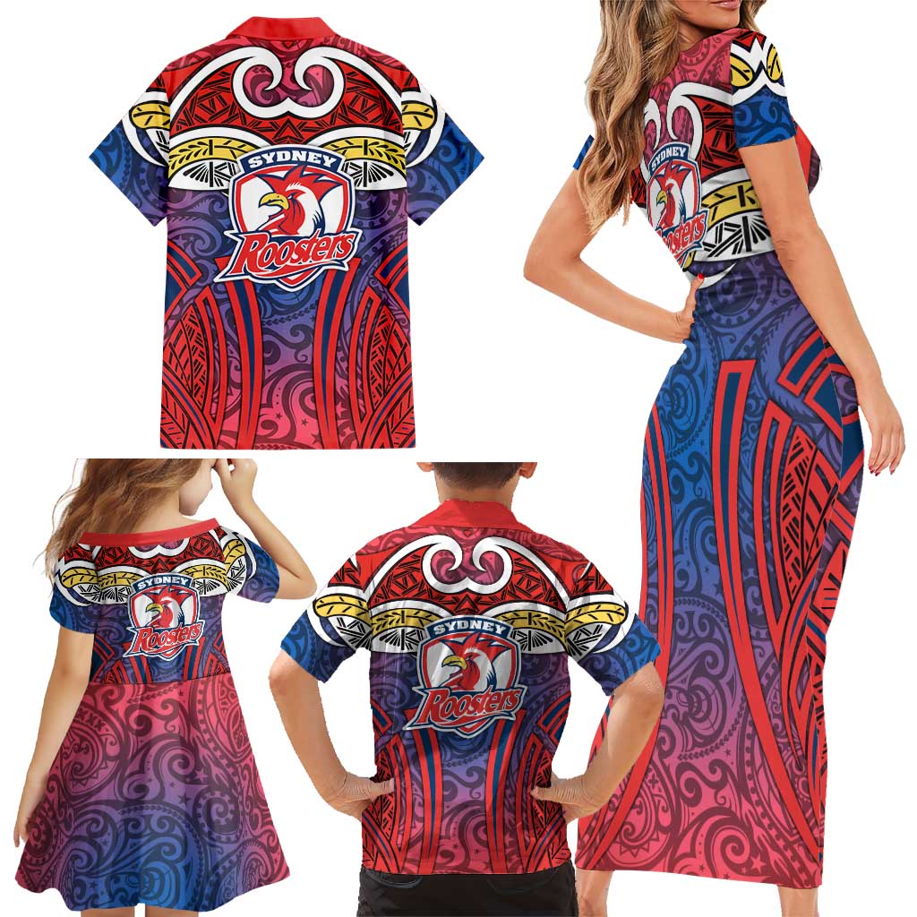 Sydney Roosters Rugby Family Matching Short Sleeve Bodycon Dress and Hawaiian Shirt Polynesian Tribal Rooster Warrior Red Blue Pattern