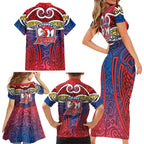 Sydney Roosters Rugby Family Matching Short Sleeve Bodycon Dress and Hawaiian Shirt Polynesian Tribal Rooster Warrior Red Blue Pattern