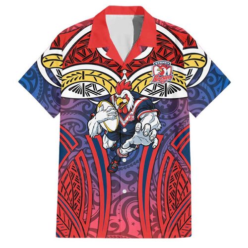 Sydney Roosters Rugby Family Matching Short Sleeve Bodycon Dress and Hawaiian Shirt Polynesian Tribal Rooster Warrior Red Blue Pattern