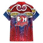 Sydney Roosters Rugby Family Matching Short Sleeve Bodycon Dress and Hawaiian Shirt Polynesian Tribal Rooster Warrior Red Blue Pattern