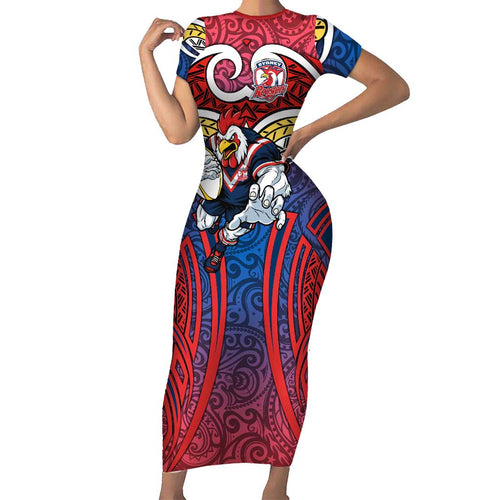 Sydney Roosters Rugby Family Matching Short Sleeve Bodycon Dress and Hawaiian Shirt Polynesian Tribal Rooster Warrior Red Blue Pattern