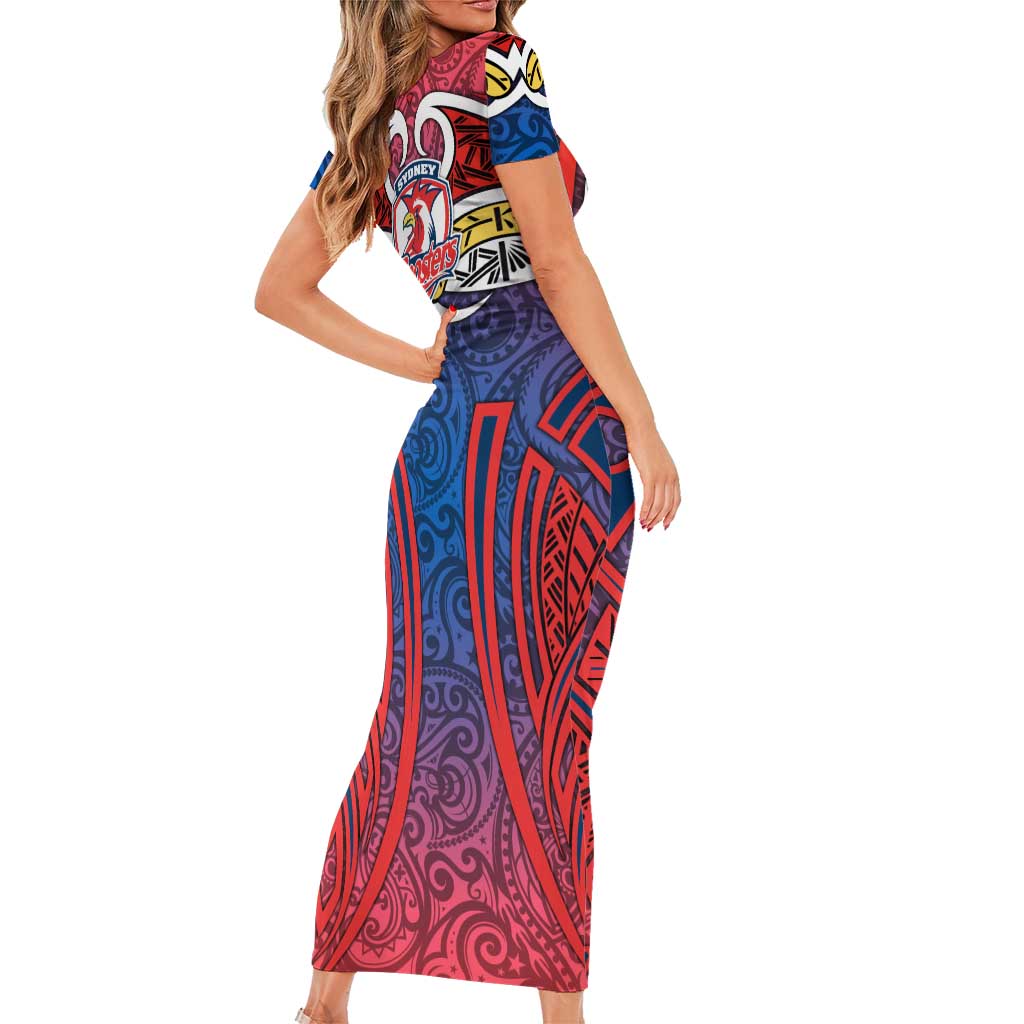 Sydney Roosters Rugby Family Matching Short Sleeve Bodycon Dress and Hawaiian Shirt Polynesian Tribal Rooster Warrior Red Blue Pattern