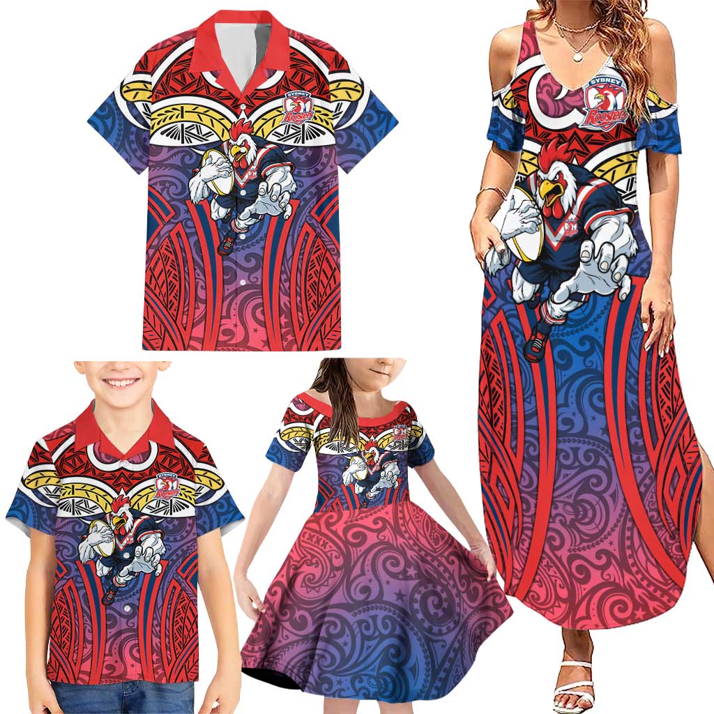 Sydney Roosters Rugby Family Matching Summer Maxi Dress and Hawaiian Shirt Polynesian Tribal Rooster Warrior Red Blue Pattern
