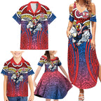 Sydney Roosters Rugby Family Matching Summer Maxi Dress and Hawaiian Shirt Polynesian Tribal Rooster Warrior Red Blue Pattern