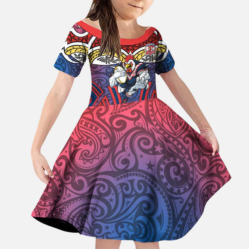 Sydney Roosters Rugby Family Matching Summer Maxi Dress and Hawaiian Shirt Polynesian Tribal Rooster Warrior Red Blue Pattern