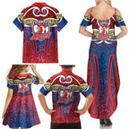 Sydney Roosters Rugby Family Matching Summer Maxi Dress and Hawaiian Shirt Polynesian Tribal Rooster Warrior Red Blue Pattern