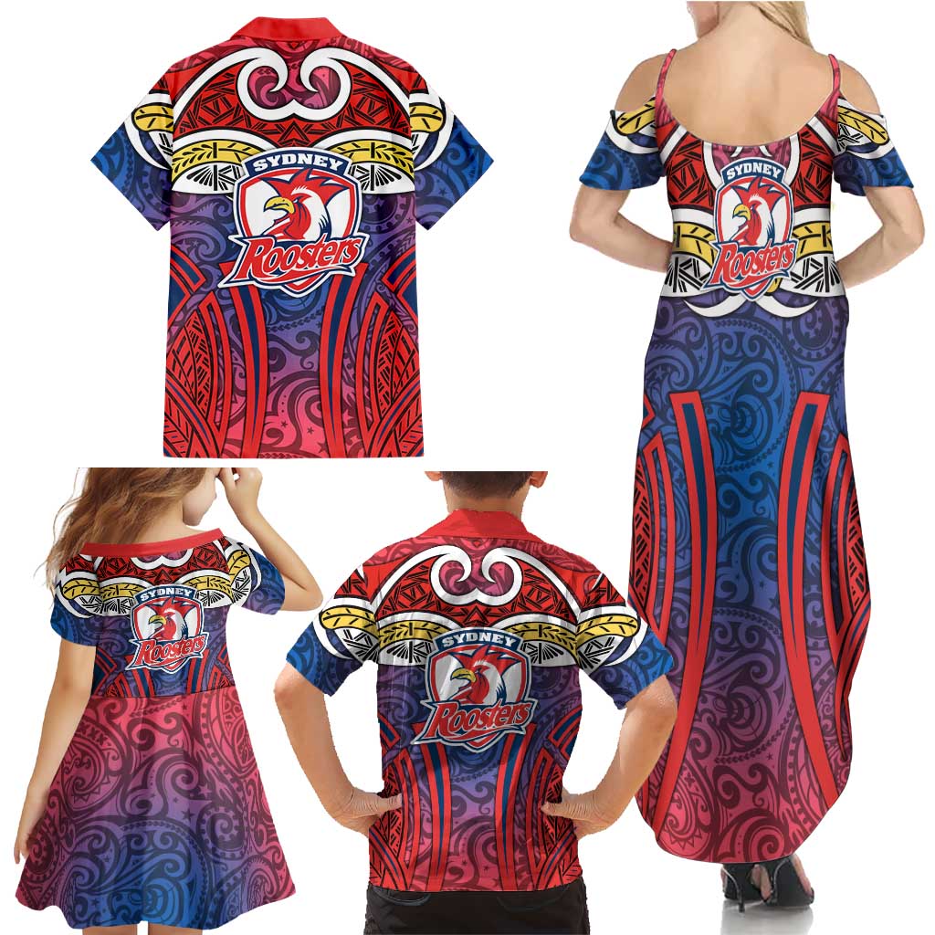 Sydney Roosters Rugby Family Matching Summer Maxi Dress and Hawaiian Shirt Polynesian Tribal Rooster Warrior Red Blue Pattern