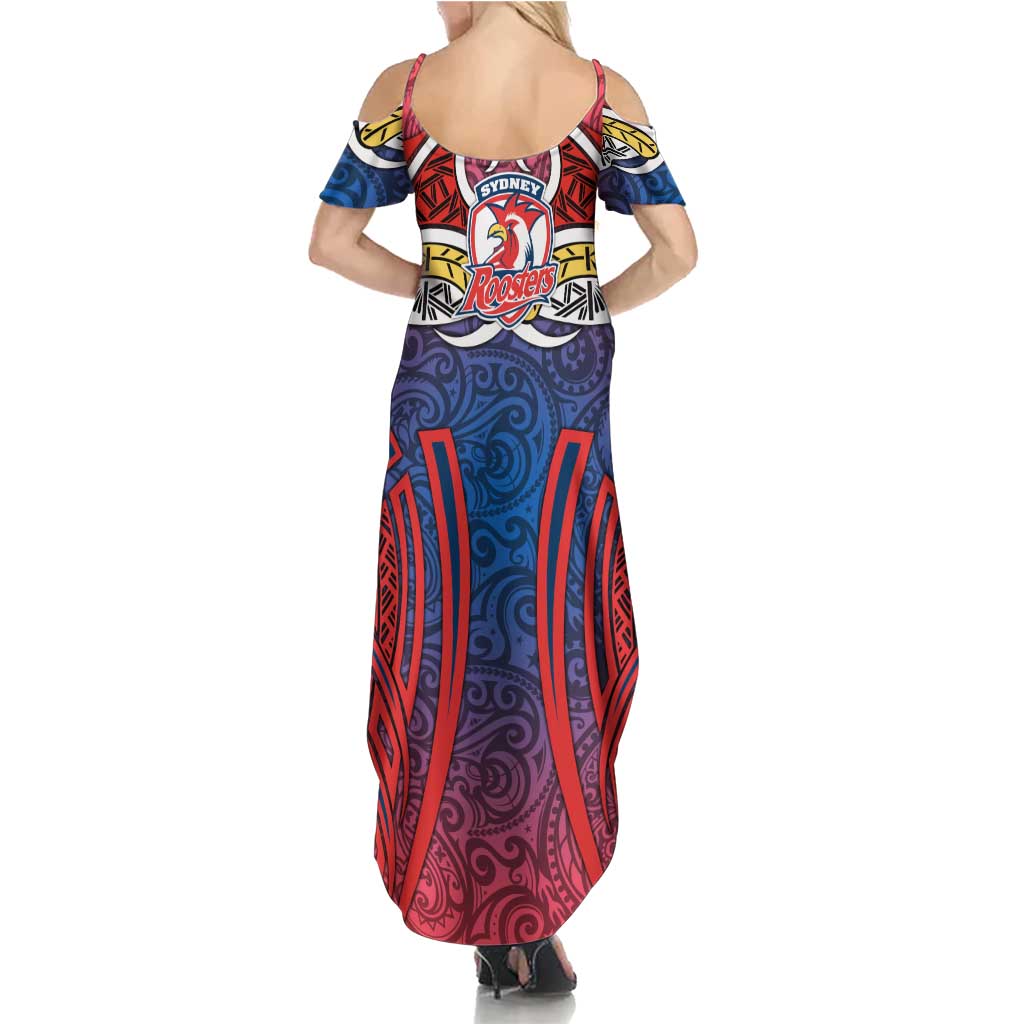 Sydney Roosters Rugby Family Matching Summer Maxi Dress and Hawaiian Shirt Polynesian Tribal Rooster Warrior Red Blue Pattern
