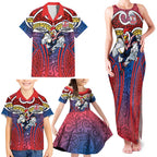 Sydney Roosters Rugby Family Matching Tank Maxi Dress and Hawaiian Shirt Polynesian Tribal Rooster Warrior Red Blue Pattern