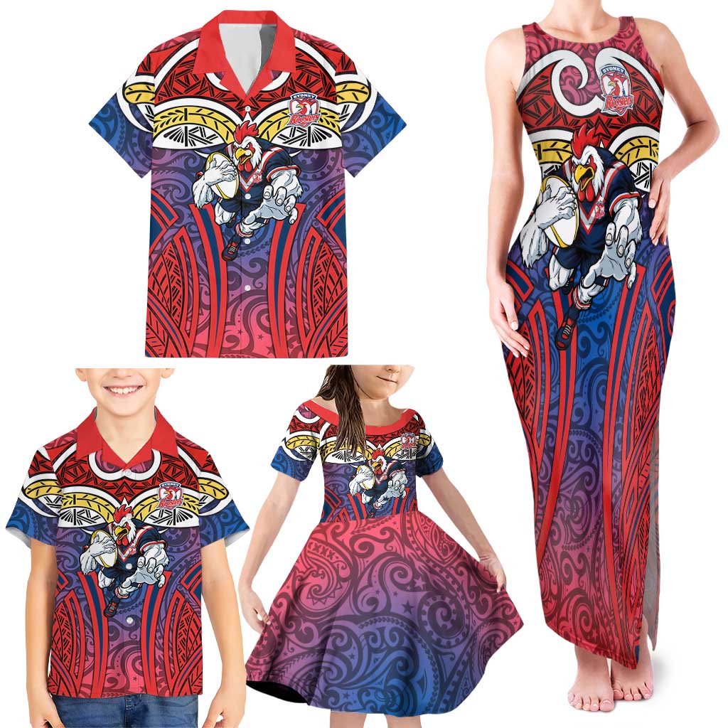 Sydney Roosters Rugby Family Matching Tank Maxi Dress and Hawaiian Shirt Polynesian Tribal Rooster Warrior Red Blue Pattern