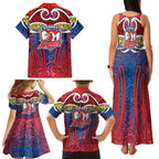 Sydney Roosters Rugby Family Matching Tank Maxi Dress and Hawaiian Shirt Polynesian Tribal Rooster Warrior Red Blue Pattern