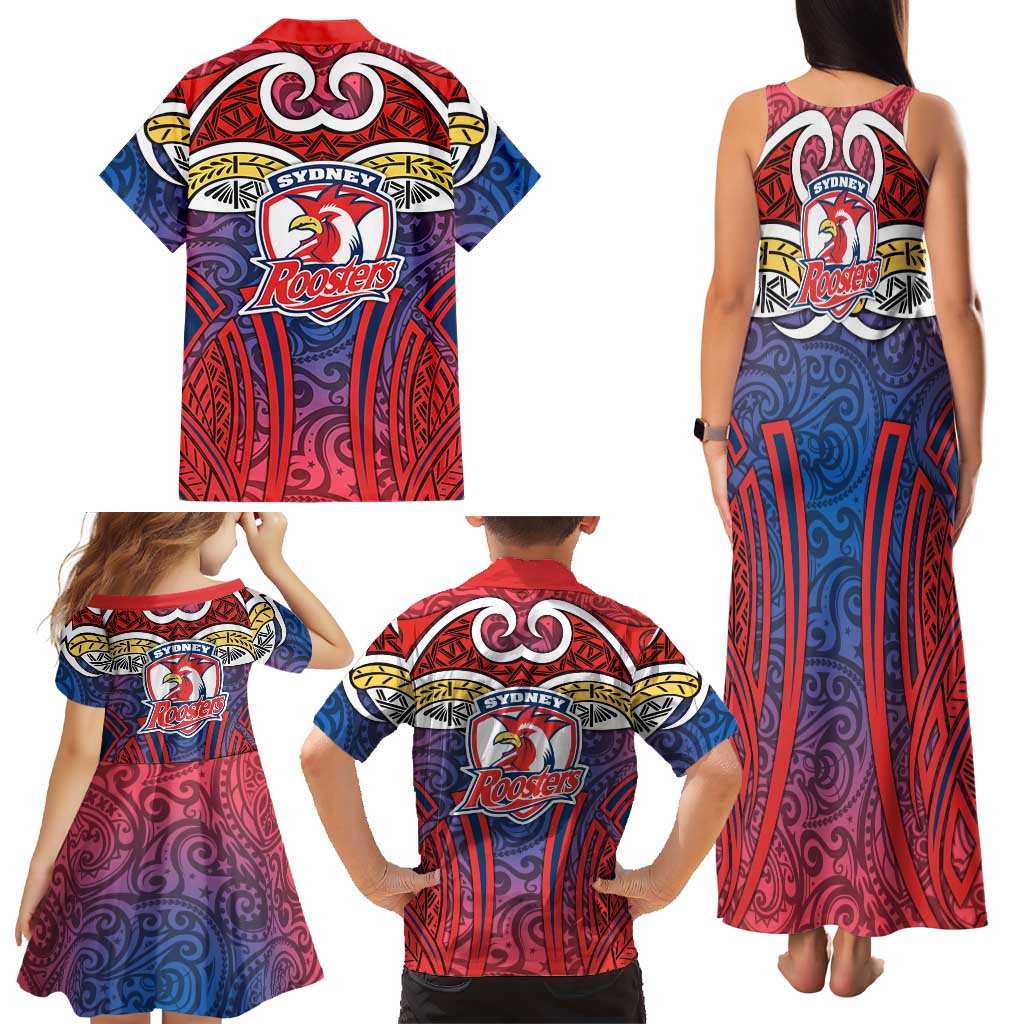 Sydney Roosters Rugby Family Matching Tank Maxi Dress and Hawaiian Shirt Polynesian Tribal Rooster Warrior Red Blue Pattern