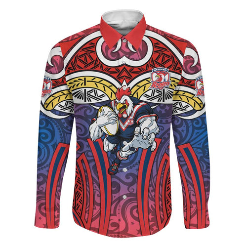 Sydney Roosters Rugby Family Matching Tank Maxi Dress and Hawaiian Shirt Polynesian Tribal Rooster Warrior Red Blue Pattern
