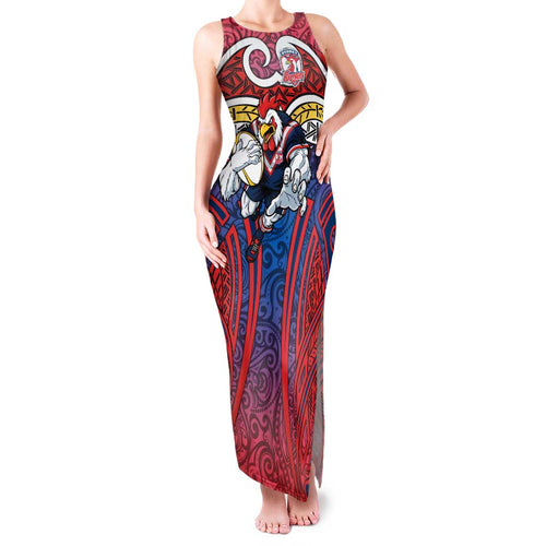 Sydney Roosters Rugby Family Matching Tank Maxi Dress and Hawaiian Shirt Polynesian Tribal Rooster Warrior Red Blue Pattern