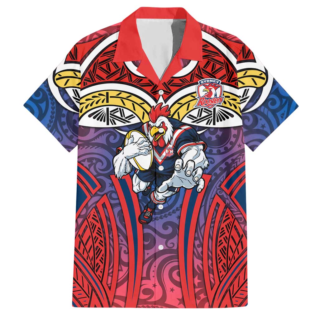 Sydney Roosters Rugby Hawaiian Shirt Polynesian Tribal Rooster Warrior Red Blue Pattern
