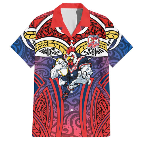 Sydney Roosters Rugby Hawaiian Shirt Polynesian Tribal Rooster Warrior Red Blue Pattern