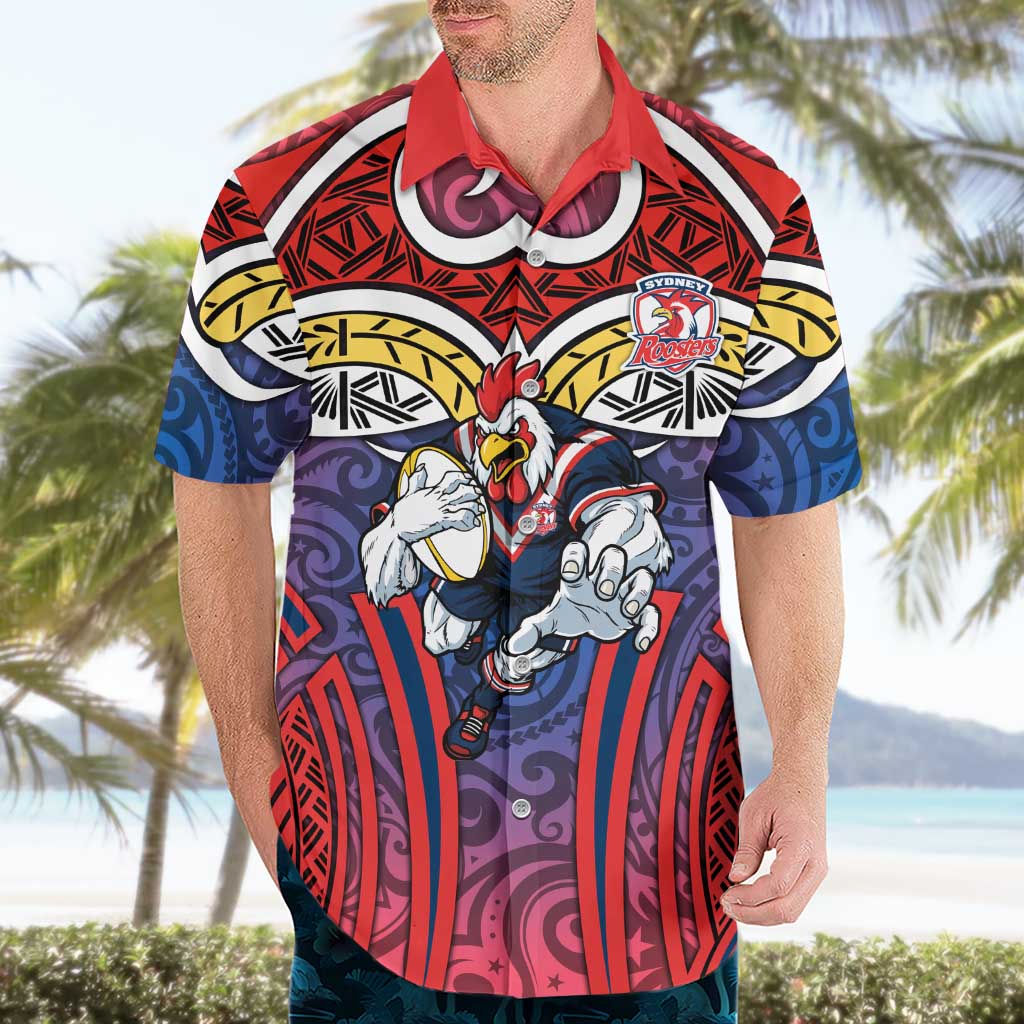 Sydney Roosters Rugby Hawaiian Shirt Polynesian Tribal Rooster Warrior Red Blue Pattern