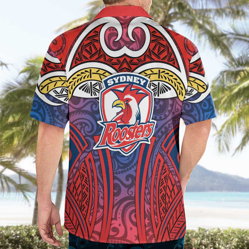 Sydney Roosters Rugby Hawaiian Shirt Polynesian Tribal Rooster Warrior Red Blue Pattern