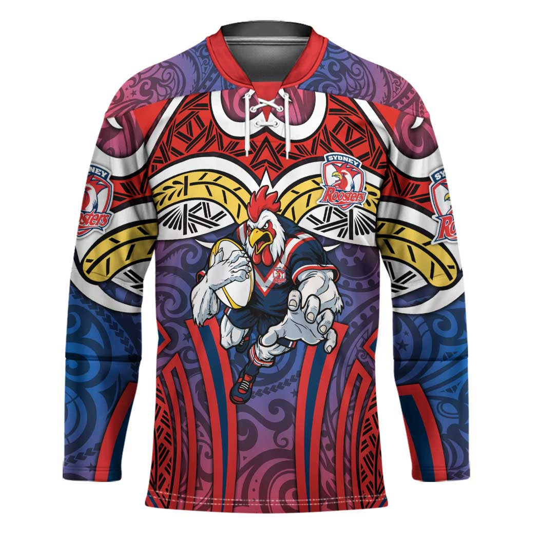 Sydney Roosters Rugby Hockey Jersey Polynesian Tribal Rooster Warrior Red Blue Pattern