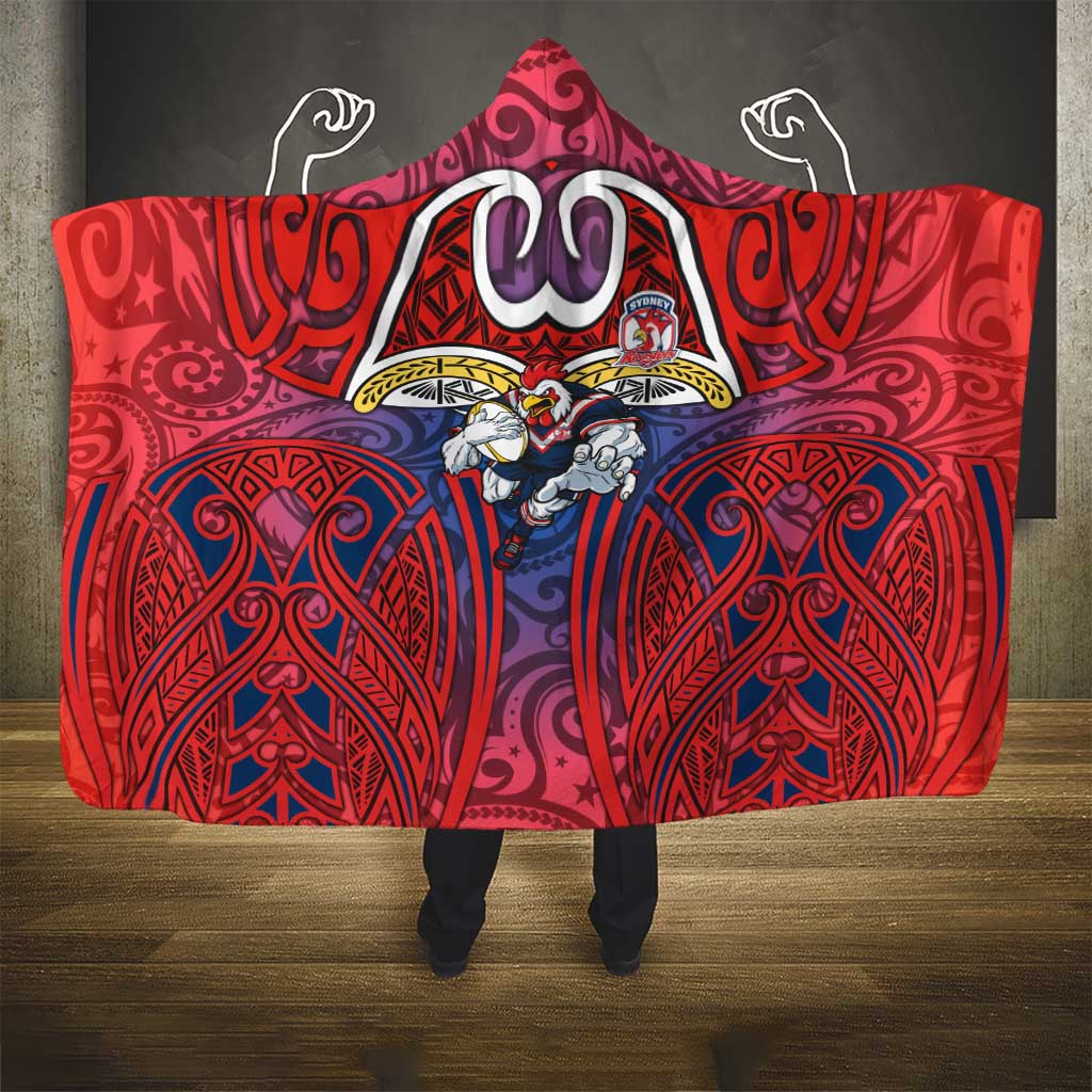 Sydney Roosters Rugby Hooded Blanket Polynesian Tribal Rooster Warrior Red Blue Pattern