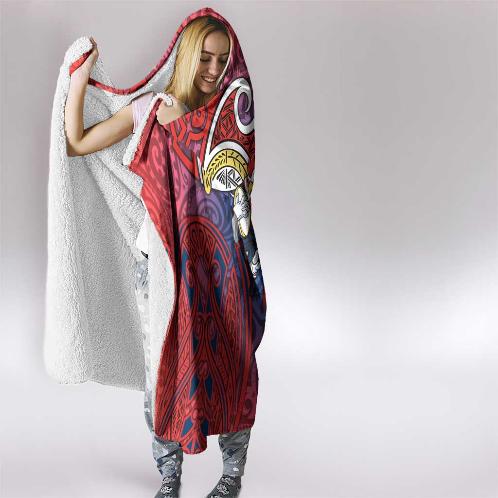 Sydney Roosters Rugby Hooded Blanket Polynesian Tribal Rooster Warrior Red Blue Pattern