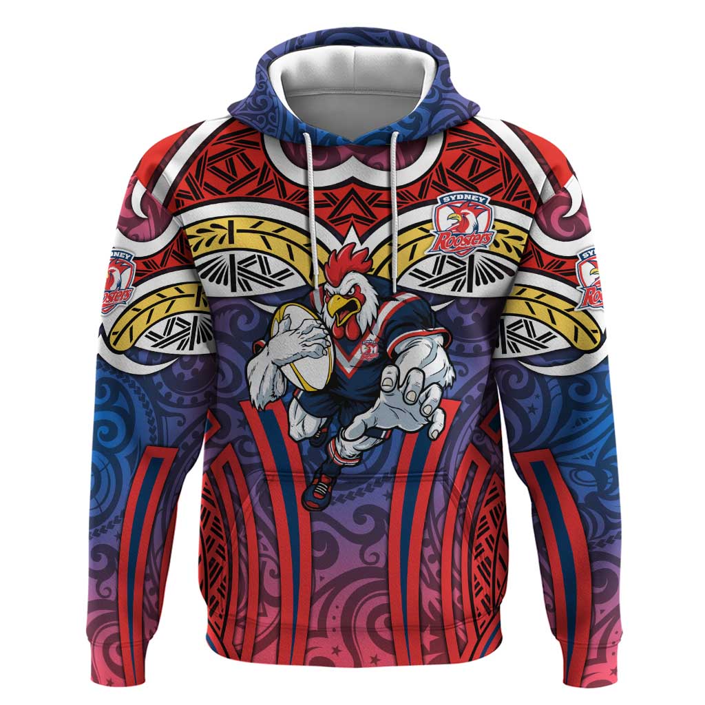 Sydney Roosters Rugby Hoodie Polynesian Tribal Rooster Warrior Red Blue Pattern