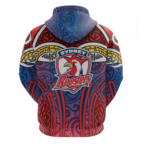 Sydney Roosters Rugby Hoodie Polynesian Tribal Rooster Warrior Red Blue Pattern