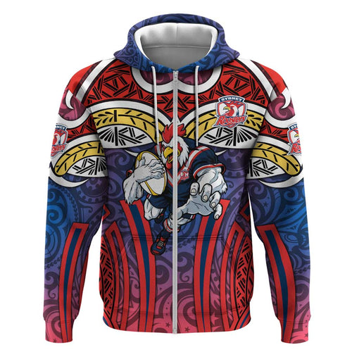 Sydney Roosters Rugby Hoodie Polynesian Tribal Rooster Warrior Red Blue Pattern