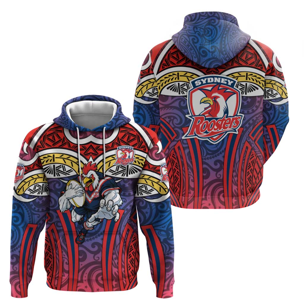 Sydney Roosters Rugby Hoodie Polynesian Tribal Rooster Warrior Red Blue Pattern