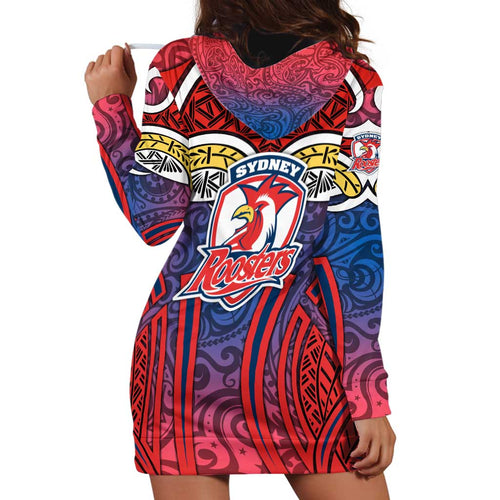 Sydney Roosters Rugby Hoodie Dress Polynesian Tribal Rooster Warrior Red Blue Pattern