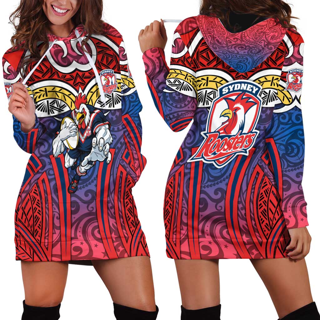 Sydney Roosters Rugby Hoodie Dress Polynesian Tribal Rooster Warrior Red Blue Pattern