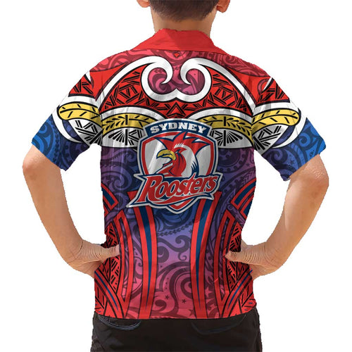Sydney Roosters Rugby Kid Hawaiian Shirt Polynesian Tribal Rooster Warrior Red Blue Pattern