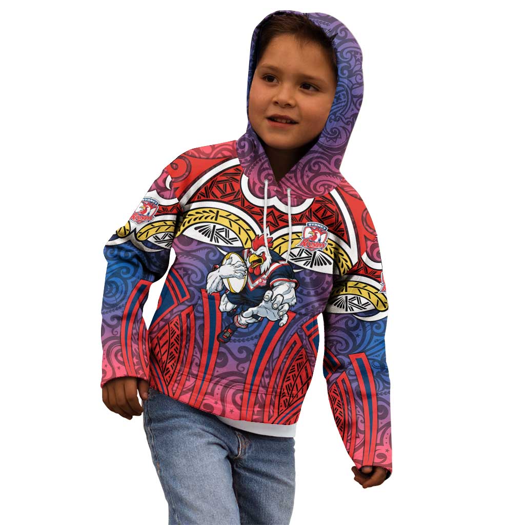 Sydney Roosters Rugby Kid Hoodie Polynesian Tribal Rooster Warrior Red Blue Pattern