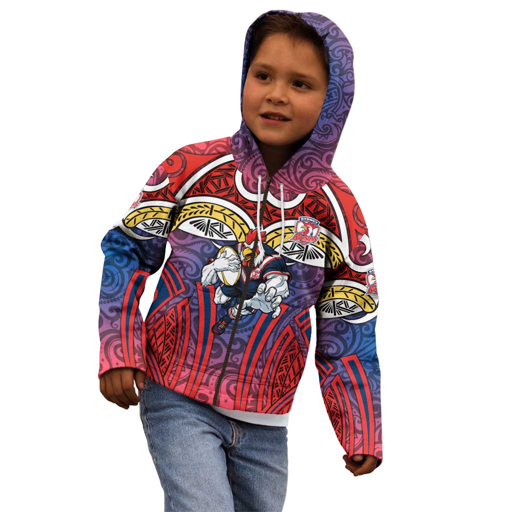 Sydney Roosters Rugby Kid Hoodie Polynesian Tribal Rooster Warrior Red Blue Pattern