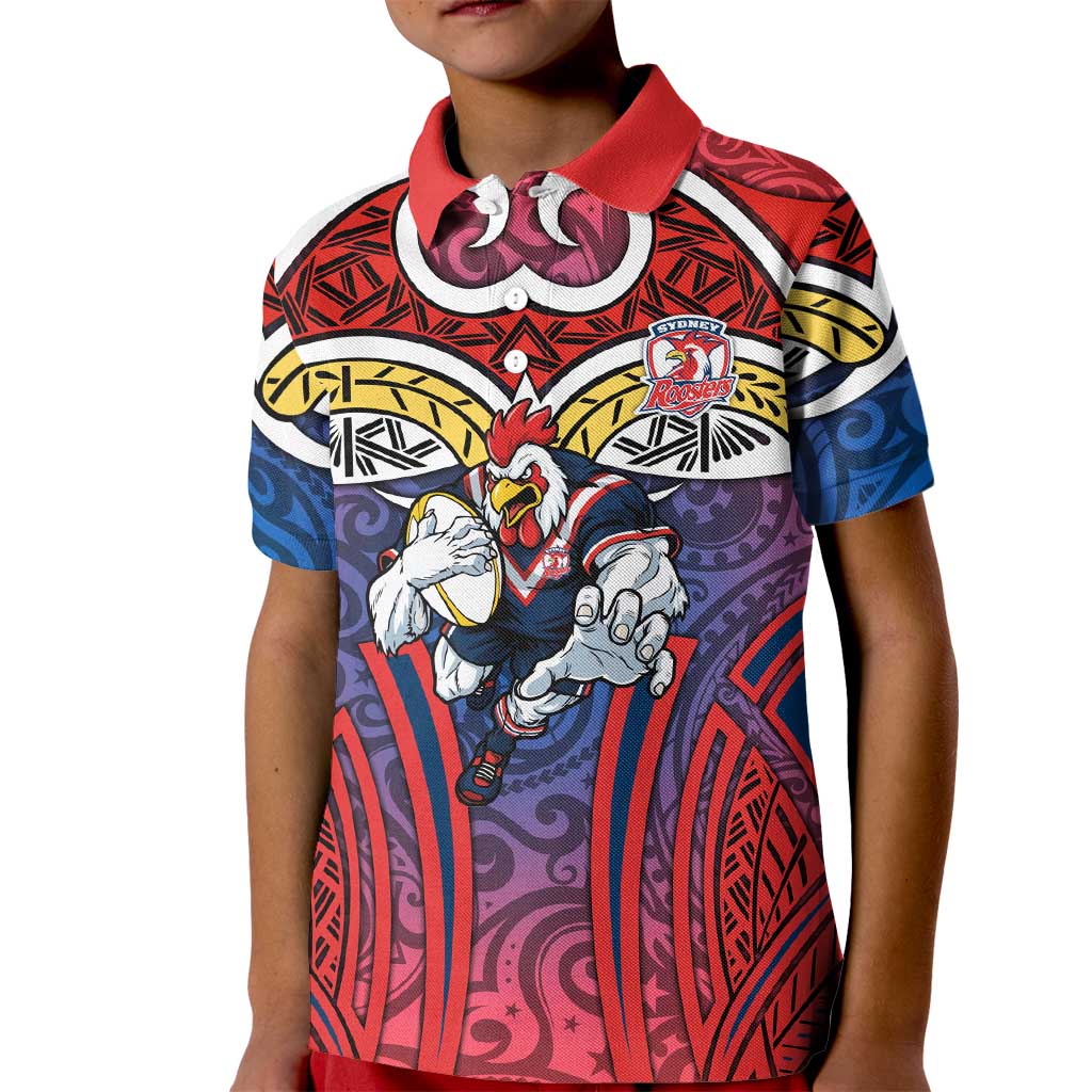 Sydney Roosters Rugby Kid Polo Shirt Polynesian Tribal Rooster Warrior Red Blue Pattern