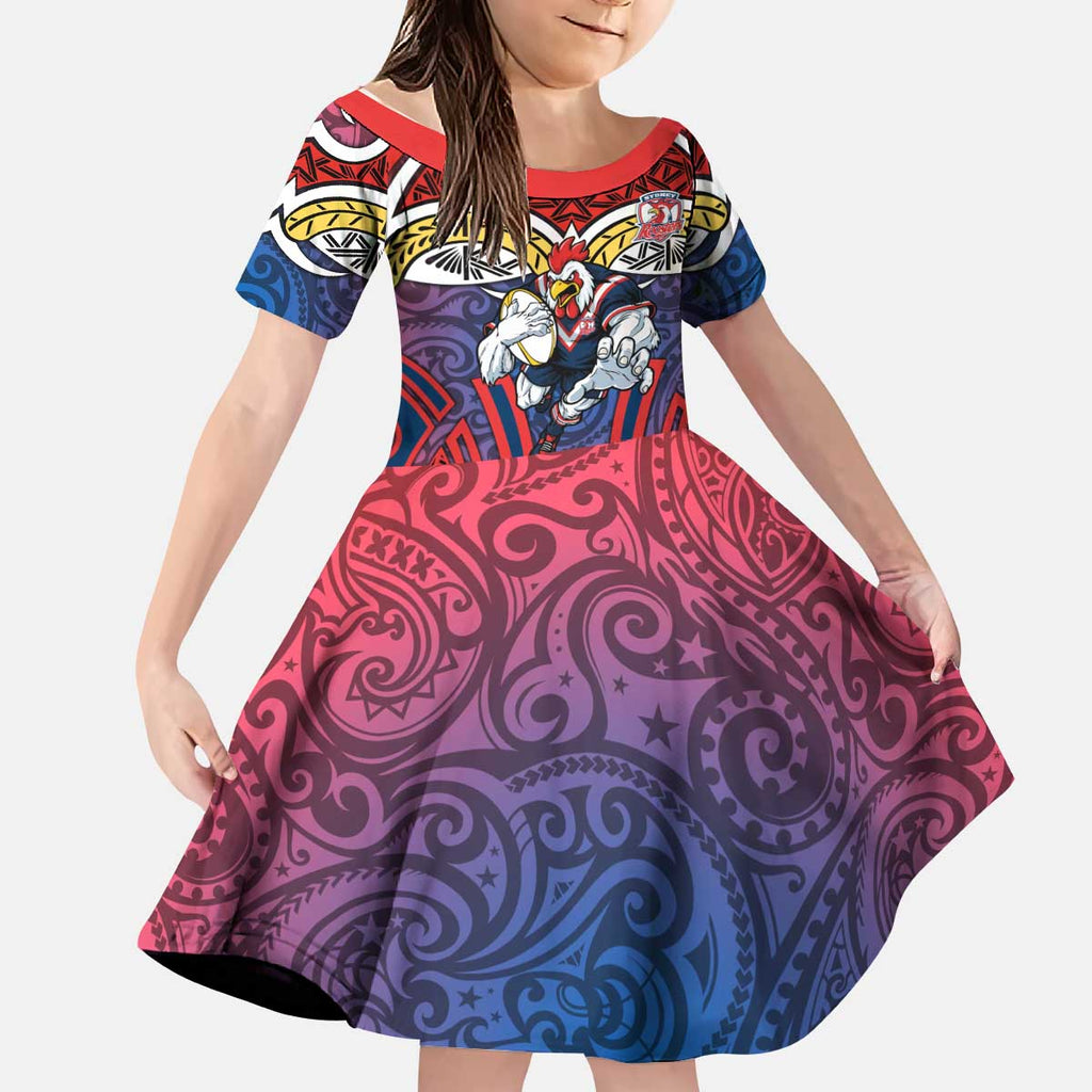 Sydney Roosters Rugby Kid Short Sleeve Dress Polynesian Tribal Rooster Warrior Red Blue Pattern