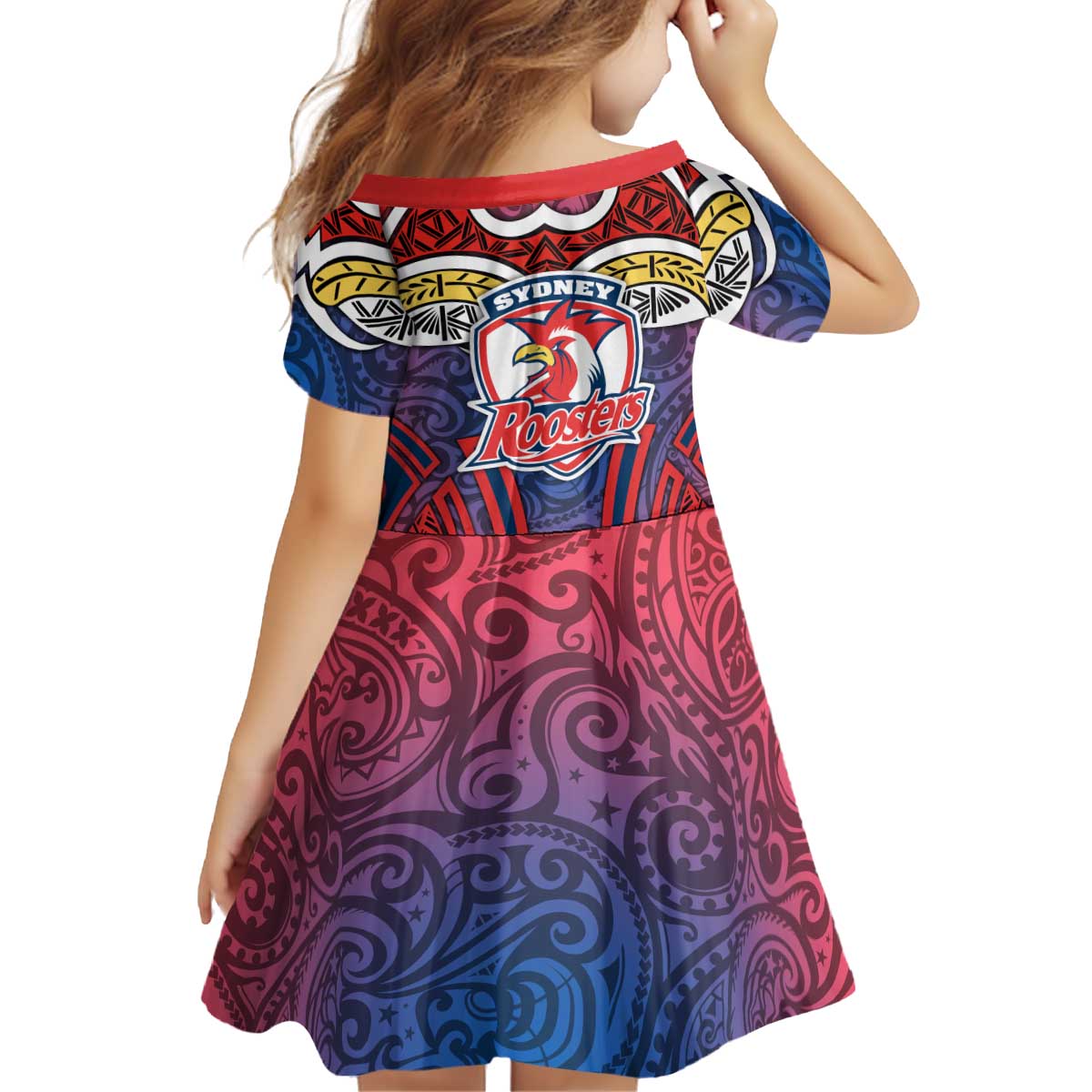 Sydney Roosters Rugby Kid Short Sleeve Dress Polynesian Tribal Rooster Warrior Red Blue Pattern