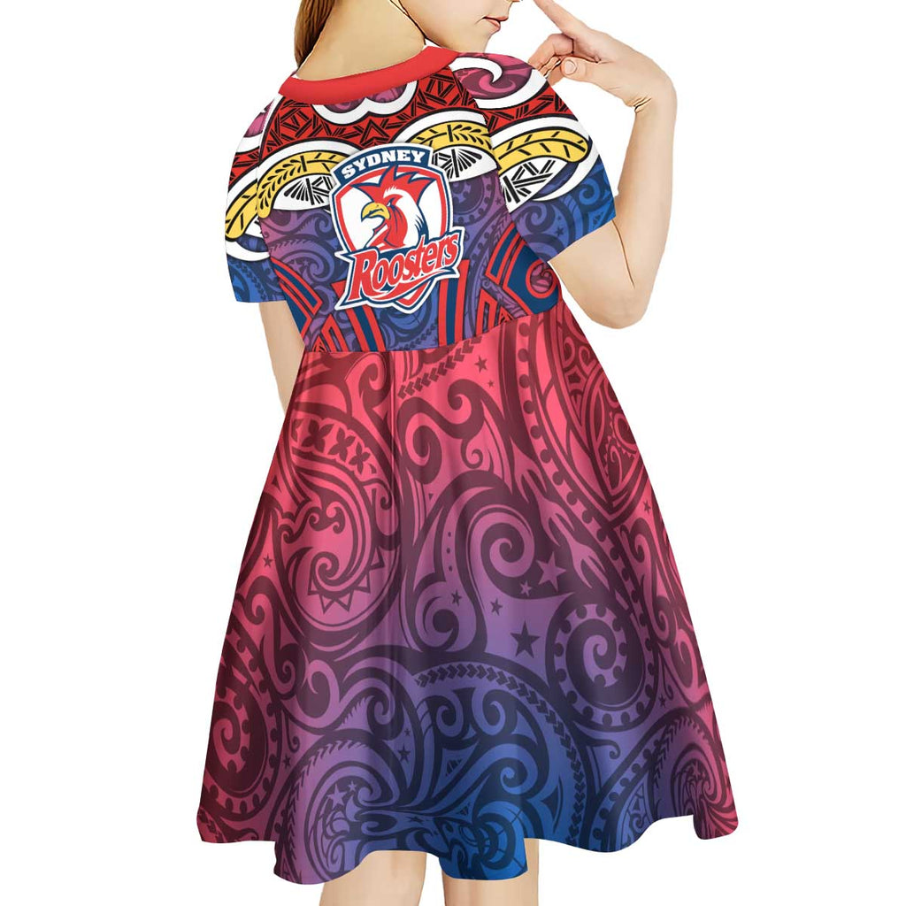 Sydney Roosters Rugby Kid Short Sleeve Dress Polynesian Tribal Rooster Warrior Red Blue Pattern