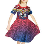 Sydney Roosters Rugby Kid Short Sleeve Dress Polynesian Tribal Rooster Warrior Red Blue Pattern