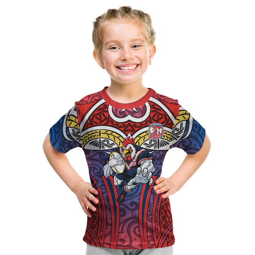 Sydney Roosters Rugby Kid T Shirt Polynesian Tribal Rooster Warrior Red Blue Pattern