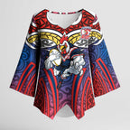 Sydney Roosters Rugby Kimono Sleeve Blouse Polynesian Tribal Rooster Warrior Red Blue Pattern