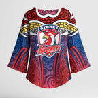 Sydney Roosters Rugby Kimono Sleeve Blouse Polynesian Tribal Rooster Warrior Red Blue Pattern