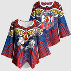 Sydney Roosters Rugby Kimono Sleeve Blouse Polynesian Tribal Rooster Warrior Red Blue Pattern