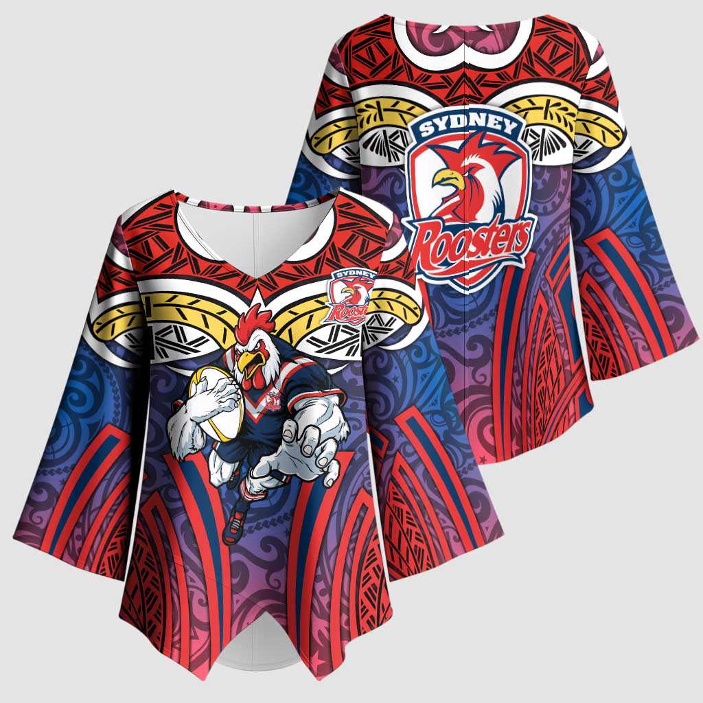 Sydney Roosters Rugby Kimono Sleeve Blouse Polynesian Tribal Rooster Warrior Red Blue Pattern