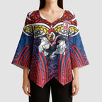 Sydney Roosters Rugby Kimono Sleeve Blouse Polynesian Tribal Rooster Warrior Red Blue Pattern