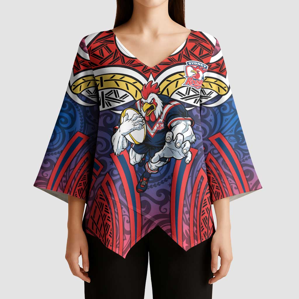 Sydney Roosters Rugby Kimono Sleeve Blouse Polynesian Tribal Rooster Warrior Red Blue Pattern