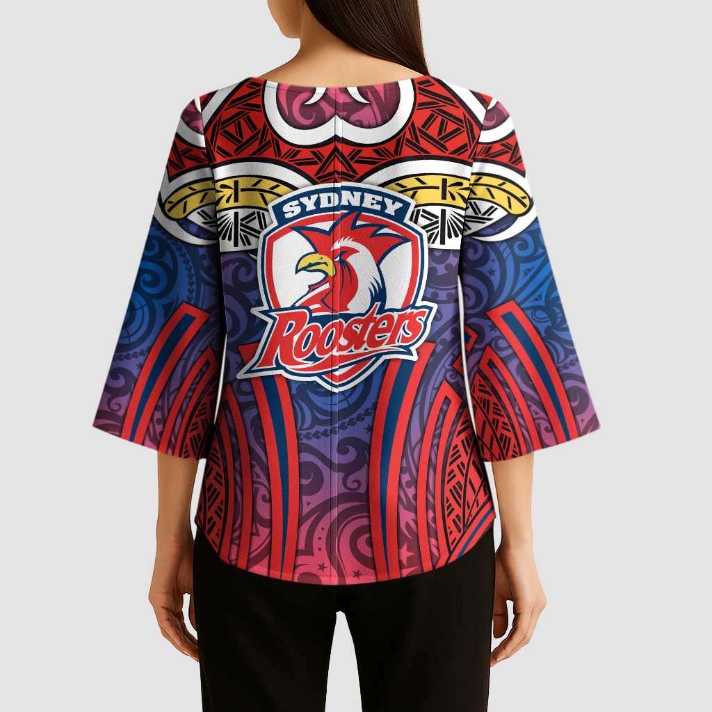 Sydney Roosters Rugby Kimono Sleeve Blouse Polynesian Tribal Rooster Warrior Red Blue Pattern