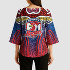 Sydney Roosters Rugby Kimono Sleeve Blouse Polynesian Tribal Rooster Warrior Red Blue Pattern