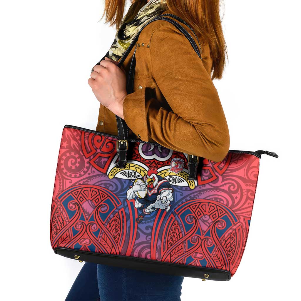 Sydney Roosters Rugby Leather Tote Bag Polynesian Tribal Rooster Warrior Red Blue Pattern